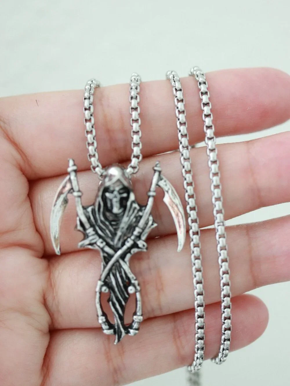 Grim Reaper Double Grapnel Gothic Style Pendant Necklace Silver Plated